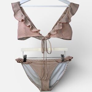 aerie Brown and Cream Striped Ruffle Bikini Set